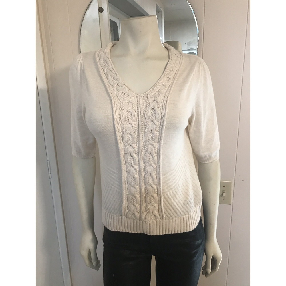 Moth Anthropologie Cream Cotton Blend Cable Knit Trimmed Short Sleeve Top Sz Med